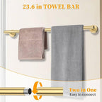 Brushed Gold Towel Bar Set 5 Pieces Round Bathroom Hardware Set Includes 23.6in Towel Bar Towel Ring Toilet Paper Holder Towel Hooks Stainless Steel Wall-Mounted Bathroom Towel Holder Set