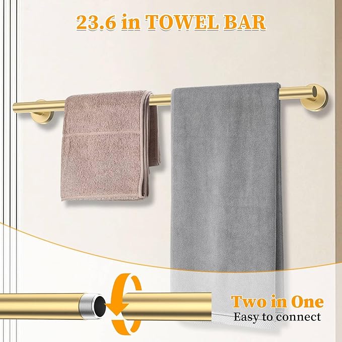 Brushed Gold Towel Bar Set 5 Pieces Round Bathroom Hardware Set Includes 23.6in Towel Bar Towel Ring Toilet Paper Holder Towel Hooks Stainless Steel Wall-Mounted Bathroom Towel Holder Set