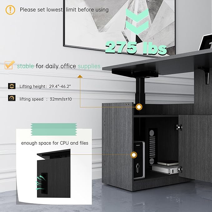 66.93'' Height Adjustable L-Shaped Executive Desk with Drawers and Shelves (Grey)
