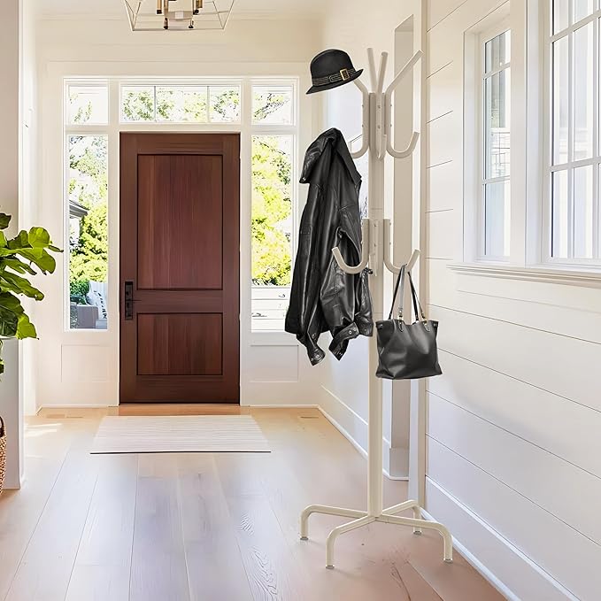 Simple Houseware Standing Coat and Hat Hanger Organizer Rack, 12 Hooks, White