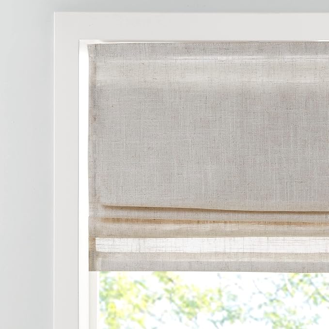 Madison Park Kyler Cordless Roman Shades - Single Panel, Lightweight Linen Blend Fabric, Natural Design, Easy Installation, Light Filtering Window Blind, Bedroom, Living Room Decor 35"W x 64"H Natural