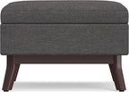 SIMPLIHOME Owen 34 inch Wide Mid Century Modern Rectangle Coffee Table Storage Ottoman in Slate Grey Linen Look Fabric, Assembled, For the Living Room, Entryway and Family Room
