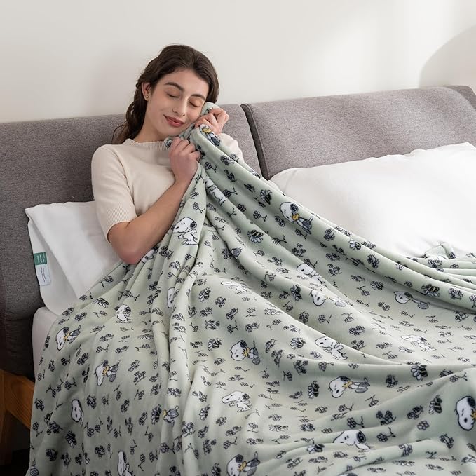 Berkshire Blanket Peanuts® VelvetLoft® Cute Character Snoopy Plush Blanket,Peanuts Snoopy & Woodstock New Flower and Bees Sage,Twin 60 in x 90 in (Official Peanuts® Product)