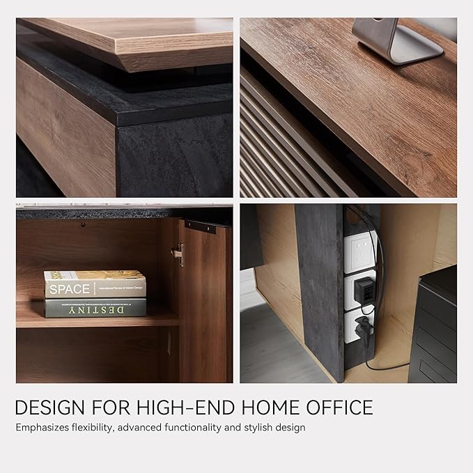 86.61" L Shaped Standing Executive Desk and 63" lateral File Cabinet, Large Adjustable Heigh Office Computer Desk with 3 Drawers,2.3" Desktop,Business Workstation,Black and Warm Oak