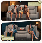 Manual Reclining Sofa, Flip Middle Backrest 2-in-1 Couch with Large Storage Drawer, USB Ports & Cup Holders, Grey Linen & Chocolate Leather Living Room Loveseat Recliner Sofa, Grey