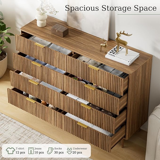 LYNSOM Fluted 8 Drawer Dresser for Bedroom, 55" Wide Modern Chest of Drawers with Curved Profile Design and Metal Handles, Wood Dresser TV Stand & Storage Organizer for Bedroom, Hallway, Walnut