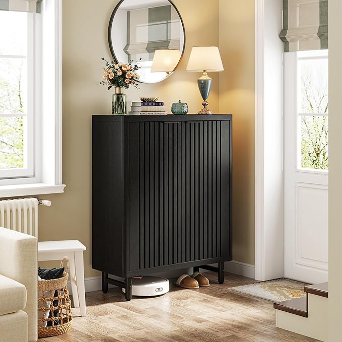 Tribesigns 6-Tier Shoe Cabinet with Shutter Doors, Large Wooden Shoe Organizer Rack with Adjustable Shelves, Modern Farmhouse Hidden Storage Furniture for Entryway, Hallway (Black)