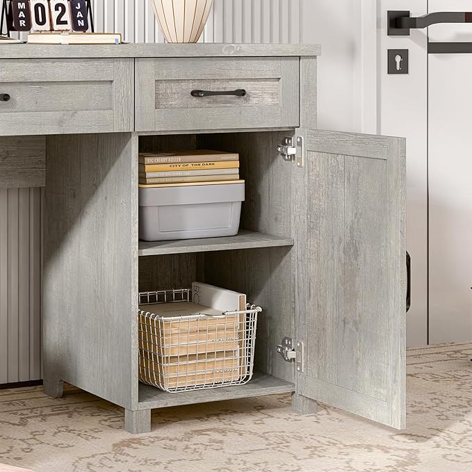 Vabches Farmhouse 61'' Executive Desk with 5 Drawers, Rustic Office Desk Computer Desks with Charging Station, File Drawers and Storage Cabinet, Wood Workstation for Study and Home Office,(Grey).