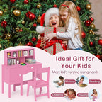 Costzon Kids Desk and Chair Set, Wooden Children Study Desk w/Hutch, Large Cabinet and Drawer for Home School Writing, Reading & Drawing, Computer Workstation Student Table and Chair for 3+ (Pink)