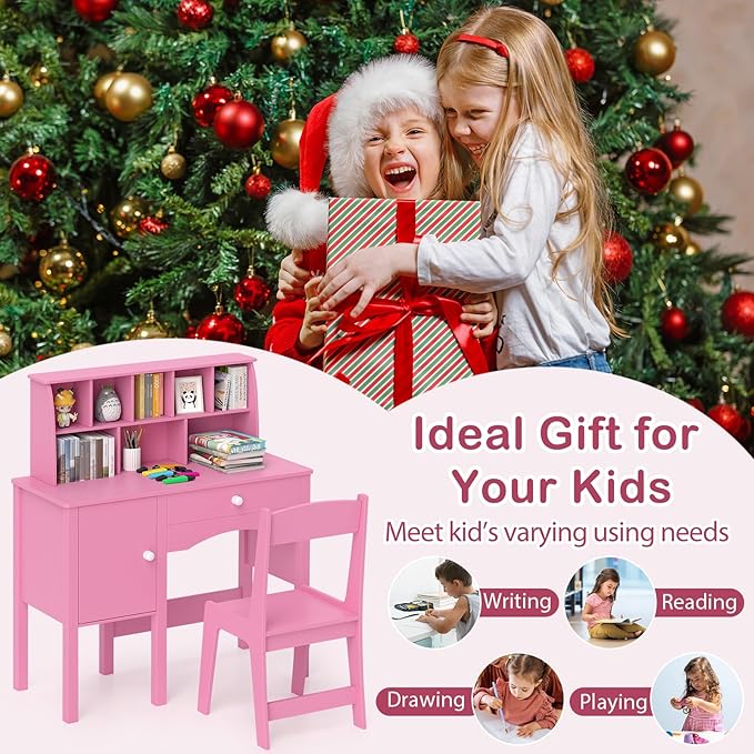 Costzon Kids Desk and Chair Set, Wooden Children Study Desk w/Hutch, Large Cabinet and Drawer for Home School Writing, Reading & Drawing, Computer Workstation Student Table and Chair for 3+ (Pink)