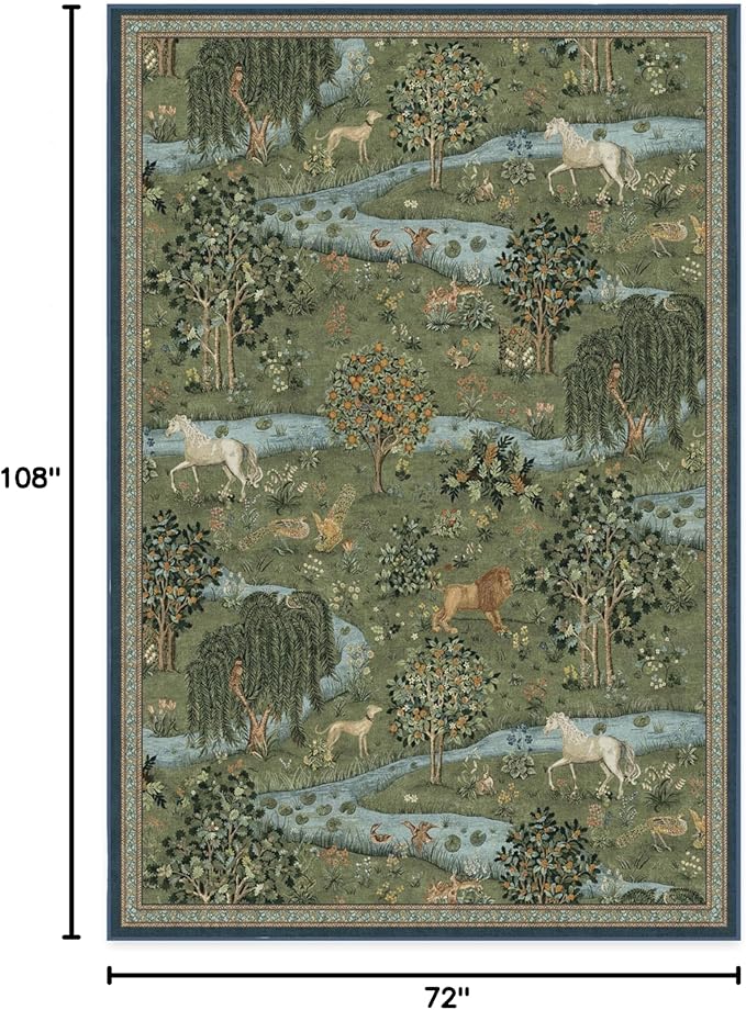 RUGGABLE x Morris & Co Washable Area Rug – Owl & Willow Green 6x9, Stain-Resistant, Non-Slip – Medium Machine Washable Rugs for Living Room, Bedroom, Hallway, Entryway & Office–with Cushioned Pad