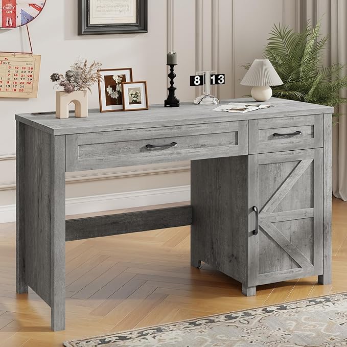 Farmhouse 47" Executive Desk, Computer Desk with Drawers and Storage Cabinet, Workstation for Home Office and Study.(Grey)