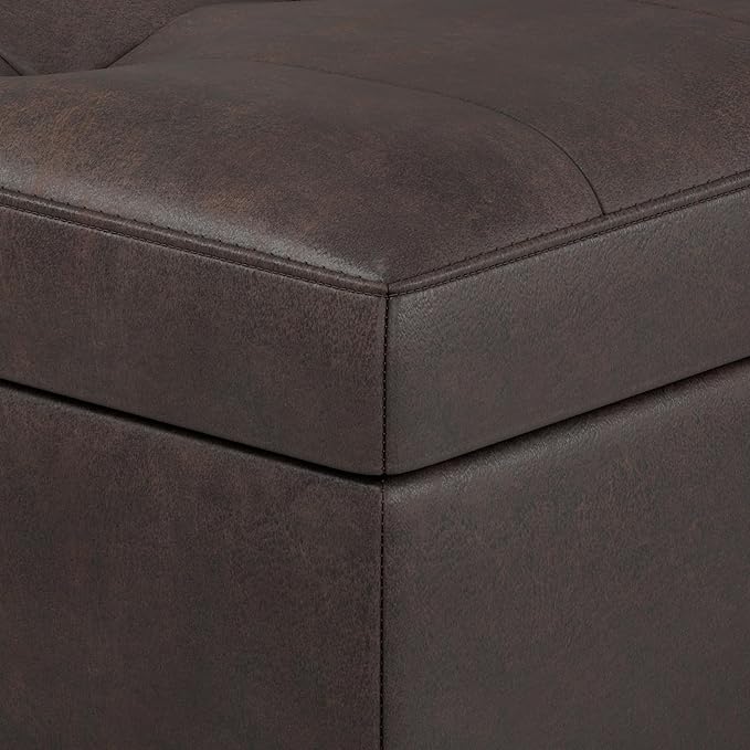 SIMPLIHOME Shay 48 inch Wide Mid Century Modern Rectangular Storage Ottoman in Distressed Chestnut Brown Vegan Faux Leather, Assembled, For the Living Room, Entryway and Family Room