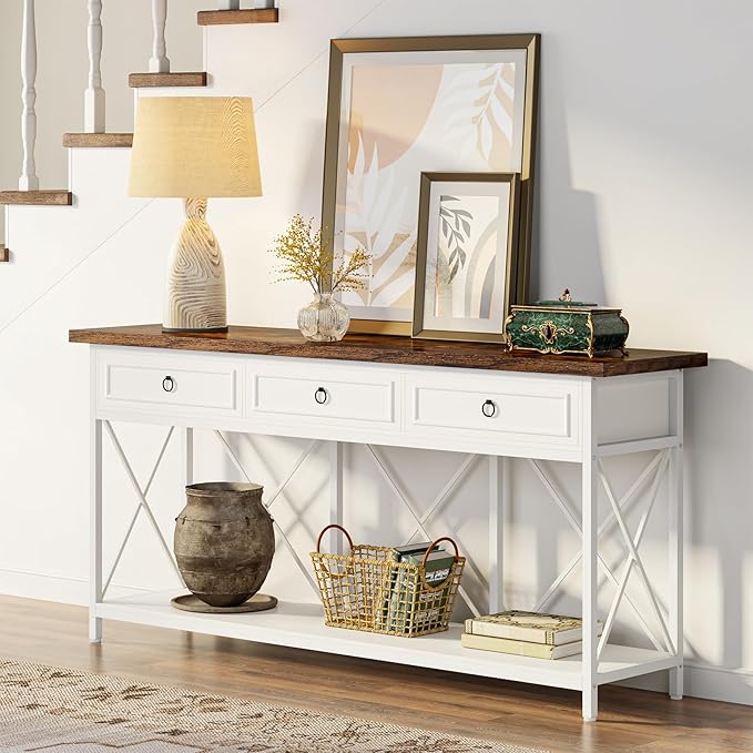 Tribesigns 70.8" Console Table with 3 Drawers, Farmhouse Entryway Table with Storage Shelf, Narrow Long Sofa Foyer Table for Entryway, Hallway (White/Brown)