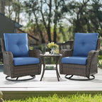 HUMMUH 3-Piece Swivel Rocking Rattan Chair Outdoor, Patio Bistro Furniture Conversation Set with Cover,Cushioned Wicker Chair with Glass Coffee Table(Brown, Blue)