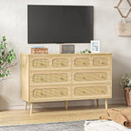 Rattan Dresser for Bedroom, Boho 6 Drawer Double Dresser with Gold Handles, Natural Wood Storage Dressers & Chest of Drawers, 6 Drawer Dressers
