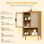 Bamboo Over-The-Toilet Storage Shelf with Inverted U-Shaped Doors, Rattan Surface Bathroom Freestanding Space Saver Organizer with Shelves, Natural