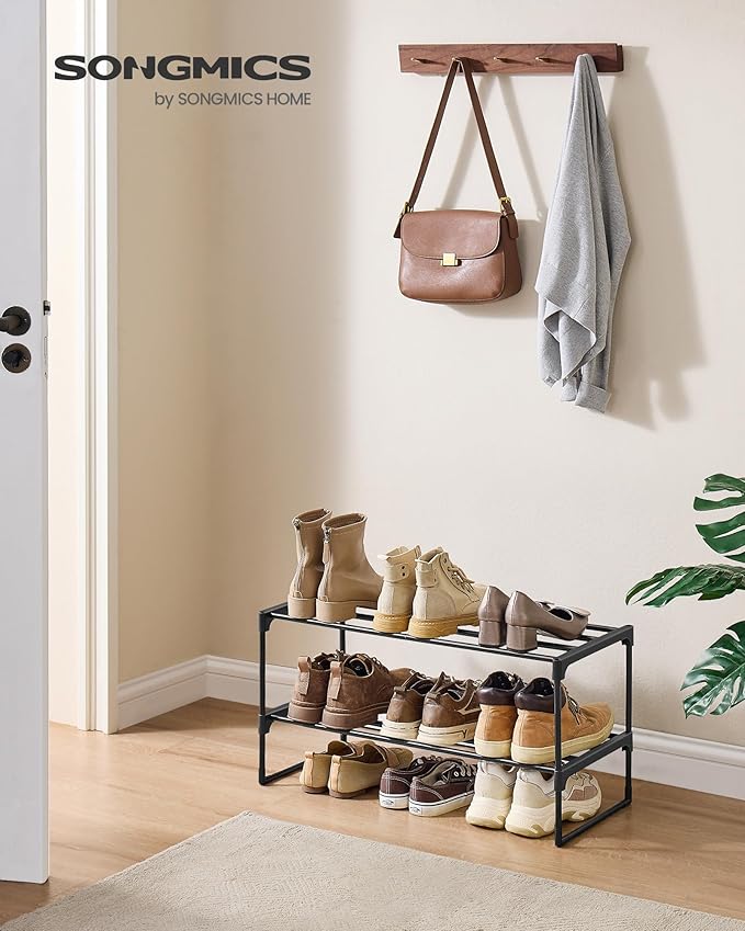 SONGMICS Shoe Rack, 2-Tier Shoe Organizer, Metal Storage Shelf, Upright or Upside Down, for 6-9 Pairs, Stackable, for Entryway, 11.8 x 26.8 x 13.2 Inches, Black ULSA202B01