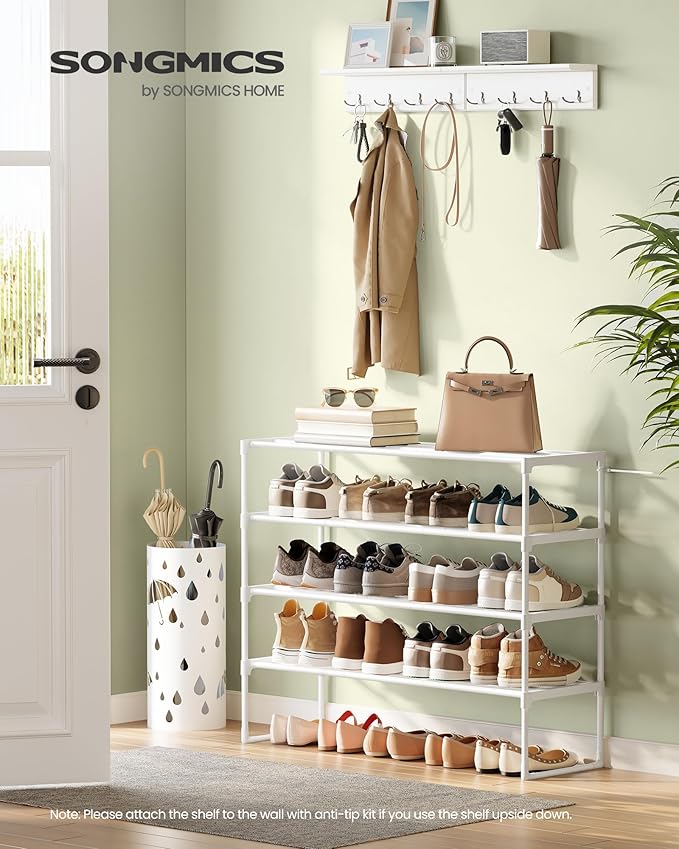 SONGMICS Shoe Rack, 4-Tier Shoe Organizer, Metal Storage Shelf, Upright or Upside Down, for 20-25 Pairs, Stackable, for Entryway, 11.8 x 36.2 x 29.1 Inches, Pearl White ULSA014WK01
