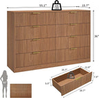 Fluted Dresser for Bedroom with 8 Drawer, 55” Wide Wooden Dresser Mid Century Chest of Drawers w/Gold Handle, Fluted Dressers TV Stand Closet Storage Organizer for Living Room, Natural Oak