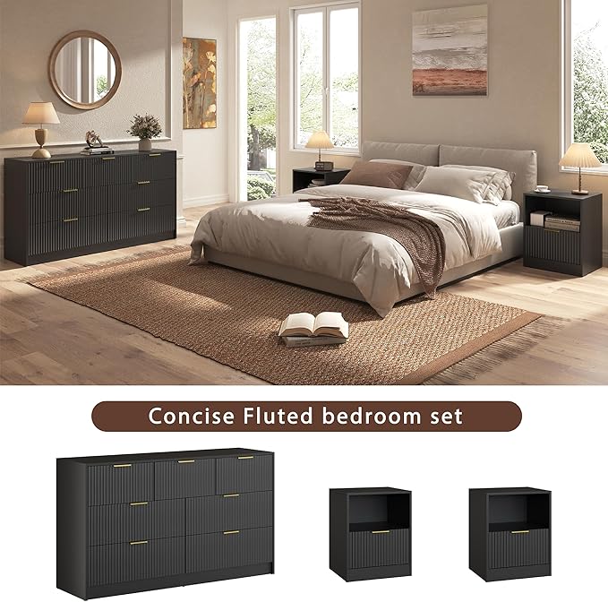 3-Piece Modern Bedroom Furniture Set, Wide 7-Drawer Dresser & 1-Drawer Nightstands Set of 2, Natural Wood Dresser and Nightstand Sets for Bedroom, Hallway, Black