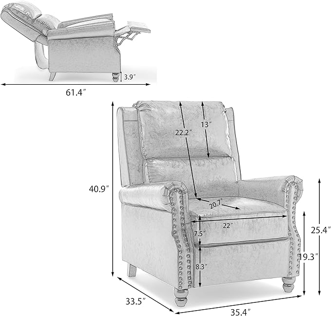 Pushback Recliner Chairs Set of 2, Faux Leather Wingback Recliner Chair, Upholstered Armchair Push Back Recliner with Wood Legs, Rivet Trim Single Sofa Accent Chair for Living Room, Bedroom, Navy