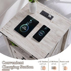 T4TREAM Farmhouse Nightstand Set of 2 with Charging Station, Rustic End Table with 2 Drawers, Storage Open Shelf for Bedroom, Living Room, Wood Side Table, Antique Brush White