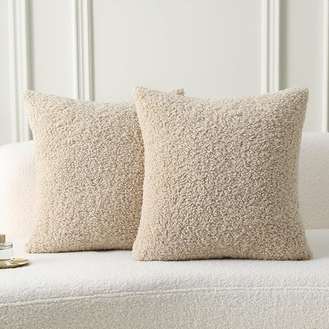 FUTEI Beige Throw Pillow Covers 26x26 Inch Set of 2,Furry Faux Fur Teddy Boucle Textured Cushion Covers,Soft Fluffy Decorative Euro Pillow Shams,Home Decor for Couch Bed Living Room Office Car