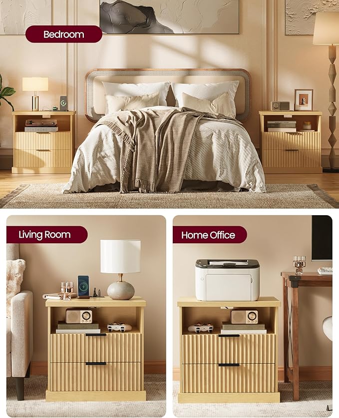 VASAGLE MAXE Collection - Nightstand with Charging Station, Fluted Night Stand, Bedside Table, Mid Century Modern Side End Table, 2 Drawers, 2 AC Outlets, 2 USB Ports, Oak Beige ULET626Y01S