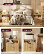 VASAGLE MAXE Collection - Set of 2 Nightstands with Charging Station, Fluted Night Stand, Bedside Table, Mid Century Modern Side End Table, 2 Drawers, 2 AC Outlets, 2 USB Ports, Oak Beige ULET926Y01