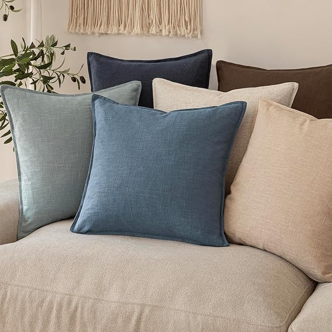 Foindtower Set of 2, Decorative Linen Soild Throw Pillow Covers Soft Accent Cushion Euro Case Boho Farmhouse Pillowcase for Chair Couch Sofa Bedroom Living Room Home Decor 20 x 20 Inch Misty Blue