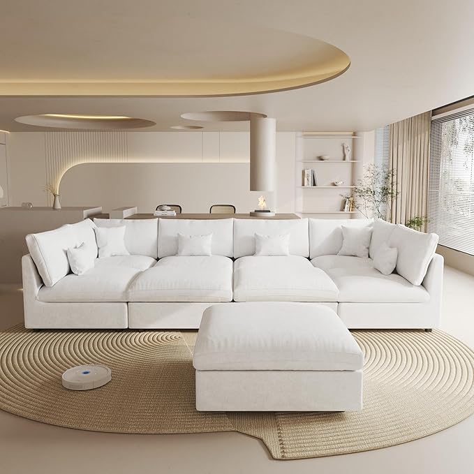 192" Modular Sectional Sofa Cloud Couch,Oversized Linen L-Shaped Sectional Sofa with Deep Seat,U-Shape 8-Seater Couch with Ottoman for Living Room in White