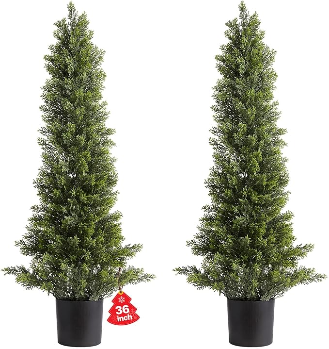 VEVOR Artificial Cedar Topiary Trees, 36 inch 2 Set Faux Pine Shrubs Plants, Fake Silk Tree Look Real, Easy Assembly for Decor Front Porch Outdoor Patio Garden Balcony Backyard Indoor Office（3FT