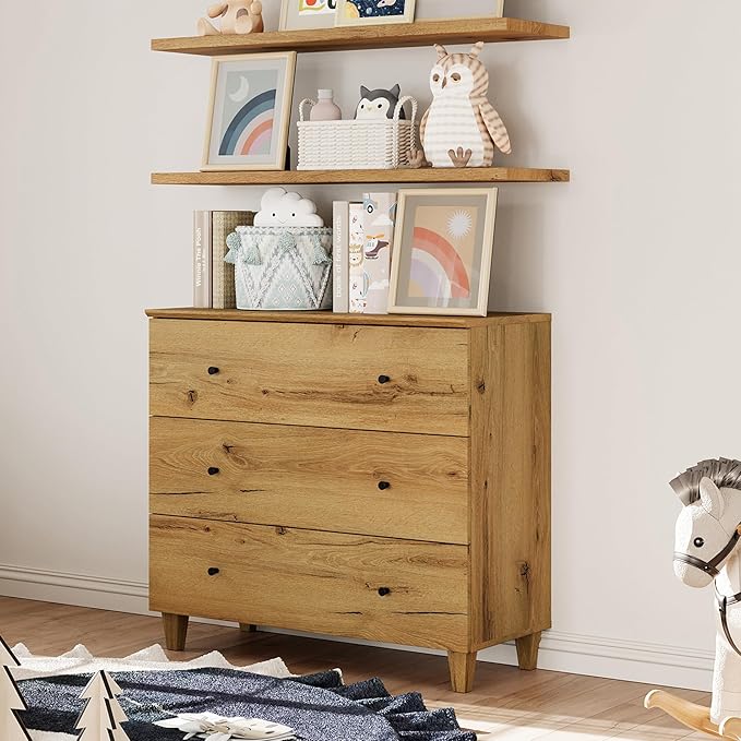 WAMPAT 3-Drawer Kids Dresser for Bedroom, Modern Small Chest of Drawers with Black Knobs, 35 Inch Wide Oak Brown Wood Children Dresser for Baby Room, Nursery, Living Room