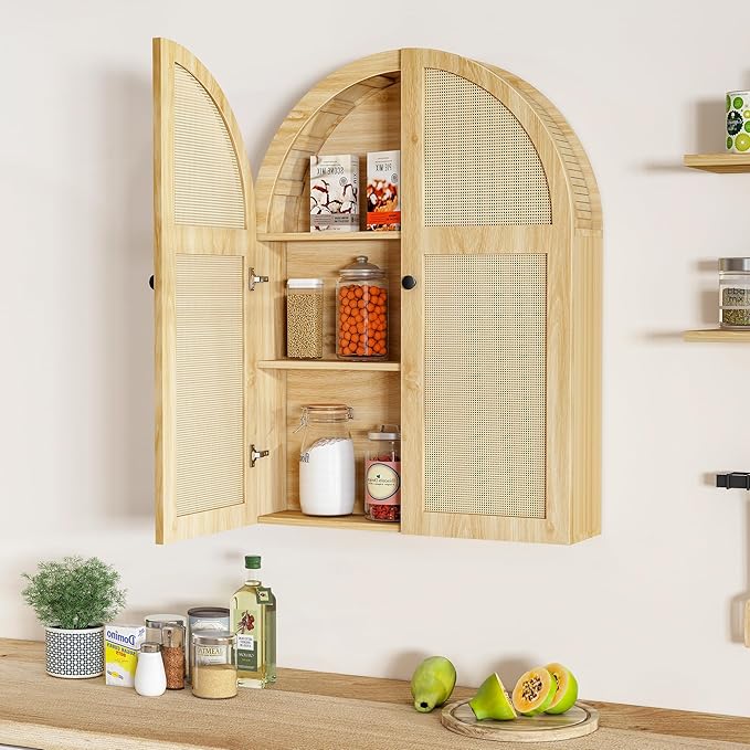 Turtle Myrtle Bathroom Medicine Cabinet Wall Mounted, Arched Wall Cabinet with Adjustable Shelf & Doors, Floating Cabinet for Wall Over The Toilet Storage Cabinet Space Saver,Natural