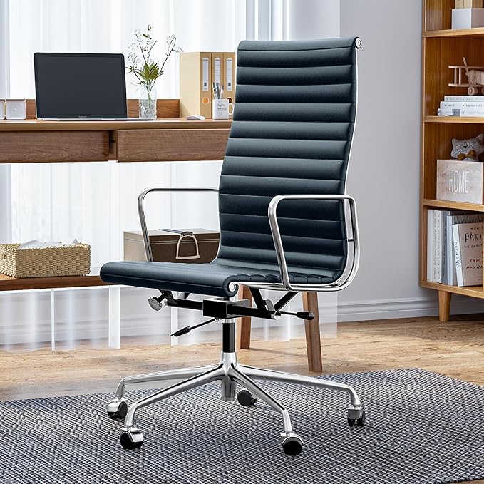 Ribbed Office Chair with Top Grain Leather - High Back Ergonomic Desk Chair with Aluminum Arm Rest and 5-Star Base, Swivel Chair Dark Blue