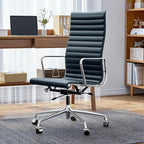 Ribbed Office Chair with Top Grain Leather - High Back Ergonomic Desk Chair with Aluminum Arm Rest and 5-Star Base, Swivel Chair Dark Blue