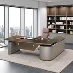 86.6" Reversible L-Shaped Adjustable Height Executive Desk with Oval Storage Cabinet - Black/Brown Standing Desk, Rounded Corners, 3 Drawers & 2 Door Compartments, Flexible Home & Office Workstation