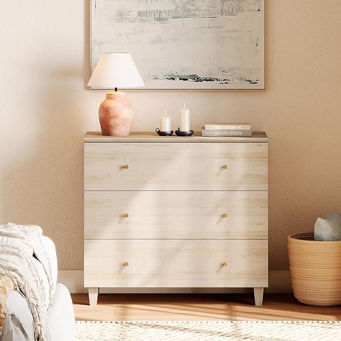 WAMPAT 3-Drawer Kids Dresser for Bedroom, Modern Small Chest of Drawers with Gold Knobs, 35 Inch Wide Light Oak Wood Children Dresser for Baby Room, Nursery, Living Room