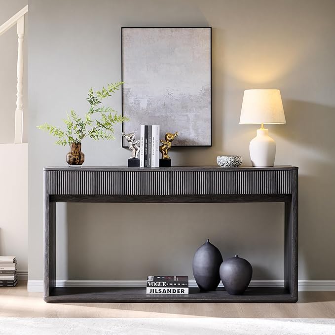 OKD 63" Fluted Console Table for Entryway, Modern Entryway Table with 2 Large Drawers, Long Sofa Table Behind Couch for Living Room, Hallway, Couch, Foyer，Dark Alder