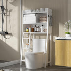 MU Over The Toilet Storage Cabinet with Sliding Door, 32.5" W Free Standing Toilet Shelf Space Saver with 3 Side Hooks & Anti-Tip Design, Space-Saving Toilet Rack for Bathroom, Laundry, White