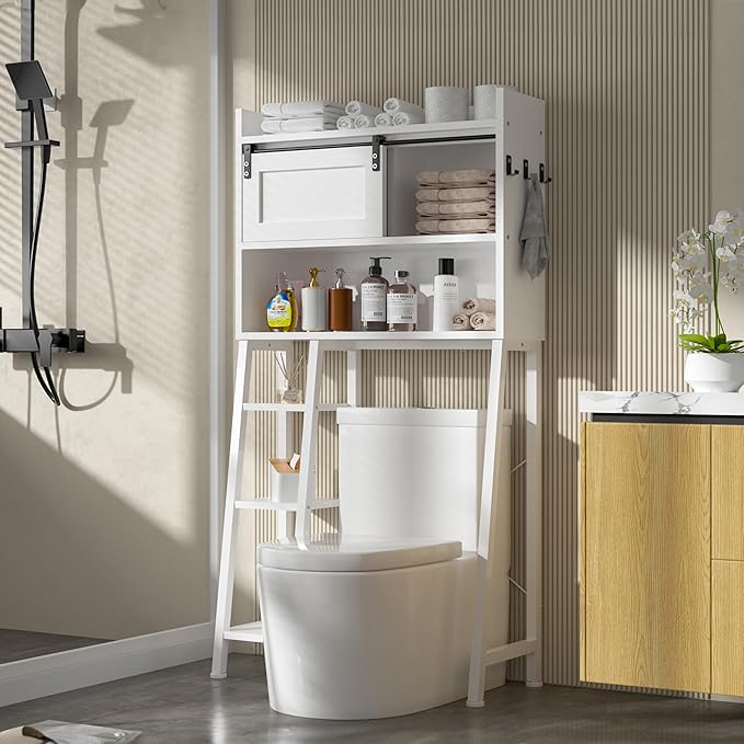 MU Over The Toilet Storage Cabinet with Sliding Door, 32.5" W Free Standing Toilet Shelf Space Saver with 3 Side Hooks & Anti-Tip Design, Space-Saving Toilet Rack for Bathroom, Laundry, White