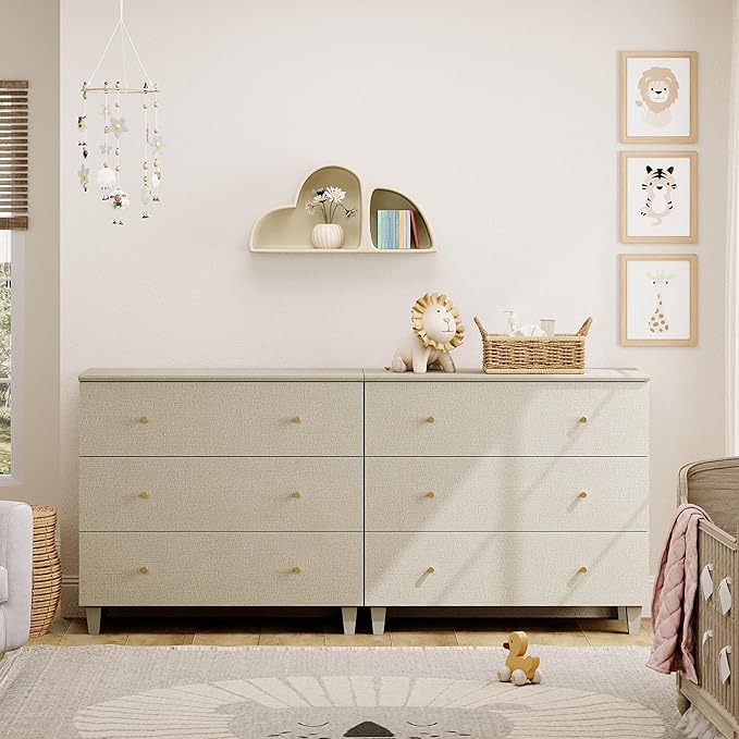 WAMPAT 6-Drawer Kids Dresser for Bedroom, 2-in-1 Modern Large Chest of Drawers with Gold Knobs, 71 Inch Wide Linen Printed Finish Wood Children Dresser for Baby Room, Nursery, Dark Beige