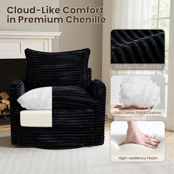 Swivel Accent Chair Set of 2, Modern Sofa Chairs for Living Room, Plush Upholstered Cloud Chair with Double Layer Thick Cushions, Bedroom Reading Nook Armchair, Black