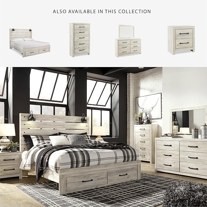 Signature Design by Ashley Cambeck Farmhouse King Panel Bed with 2 Storage Drawers, Sconce Lights and USB Ports, Foundation or Box Spring Needed, Whitewash
