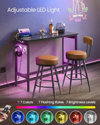 VASAGLE Bar Table with Power Outlets, 47.2 Inches LED Lights Narrow Tall Pub Table, Counter Height Console Desk, Mesh Panels and Metal Frame, for Kitchen, Entryway, Ebony Black and Matte Black