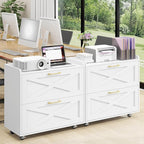 Lateral File Cabinet 2 Drawers Mobile File Cabinet with Charging Station for Letter/Legal/A4 Size Hanging Files, Large Wood File Storage Cabinets Printer Stand for Home Office, Simple White