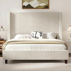 HOWE Queen Size 61" Corduroy Upholstered Bed Frame, Platform Bed with Vertical Stripe Wingback Headboard, No Box Spring Needed/Noise Free/Solid Wood Slats & Legs/Cream