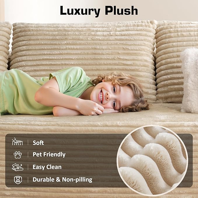 146‘' Oversized Cloud Sectional Couch, U Shaped Boneless Couches with Chaise & Ottoman, Plush Corduroy Deep Seat Modular Sofa for Living Room, No Assembly Required, Beige
