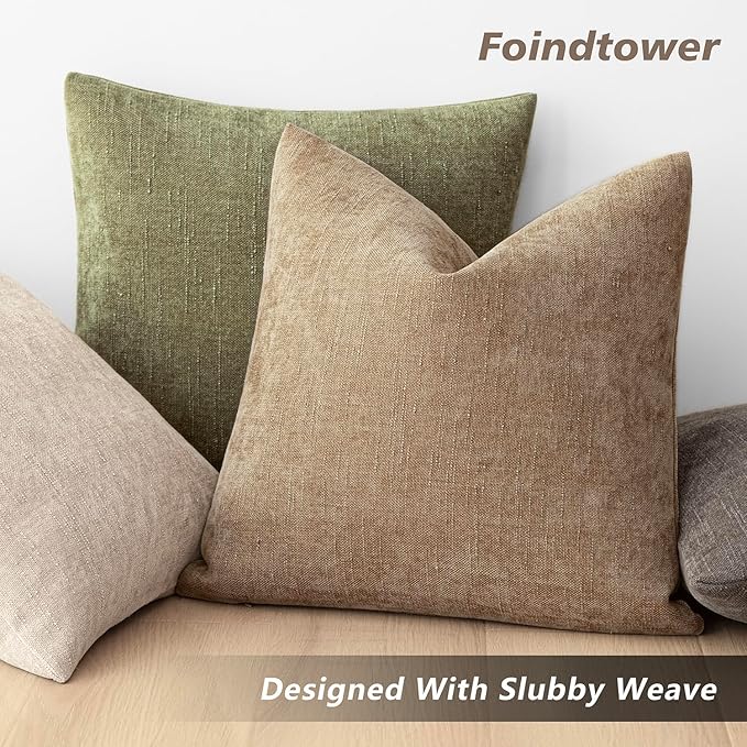 Foindtower Pack of 2 Textured Chenille Throw Decorative Pillow Covers Square Accent Solid Cushion Cover Neutral Farmhouse Pillow Case for Couch Sofa Bedroom Living Room 22x22 Inch,Taupe Khaki Camel